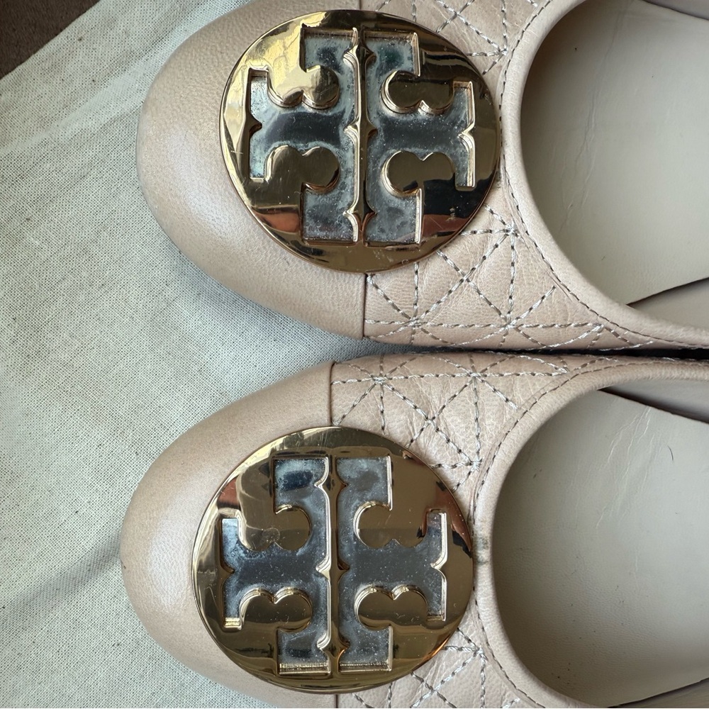 Tory Burch Nude Quilted Flats with Gold & Silver two tone Logo